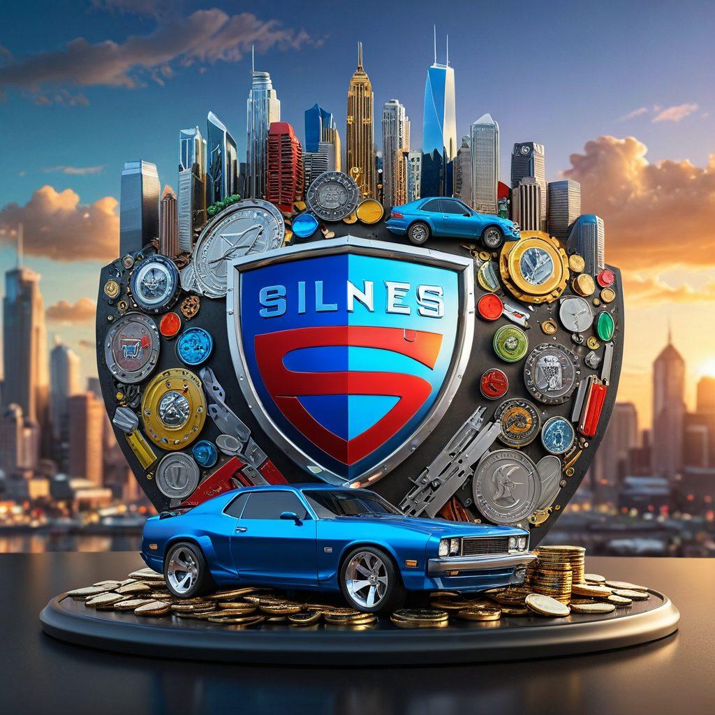 An imaginative representation of a shield made of colorful car parts, protecting a stack of coins and bills, symbolizing savings. Surround the shield with various vehicle icons and insurance documents to highlight protection options. The background should be a dynamic cityscape, suggesting a modern lifestyle. Incorporate vibrant colors and a touch of digital artistry for a contemporary feel. super-realistic. vibrant colors. 3D.