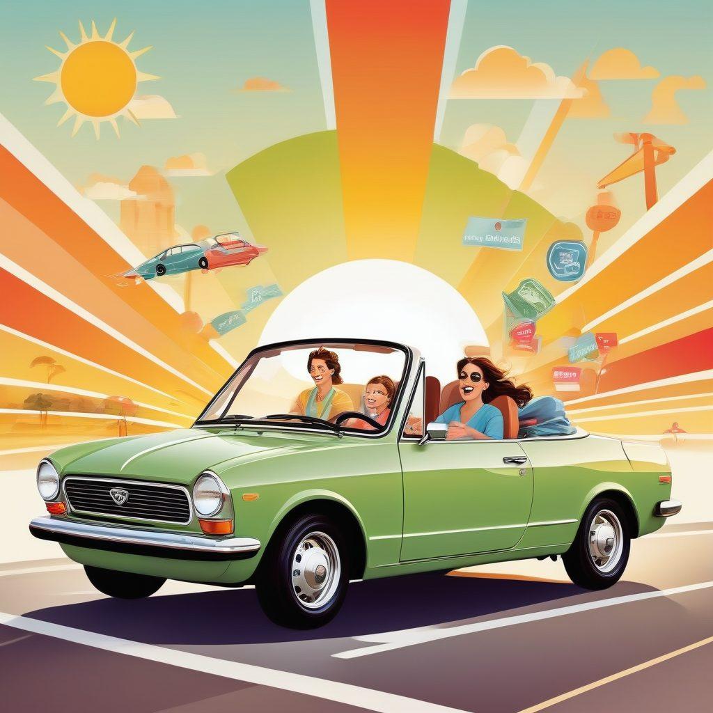 A collage of a happy family driving a car, a calculator with auto insurance quotes, and a checklist of tips for securing affordable rates. The background features a sunny day with a scenic road, conveying a sense of freedom and financial security. Bright colors and engaging icons representing savings and safety are scattered around. vector art. vibrant colors. white background.
